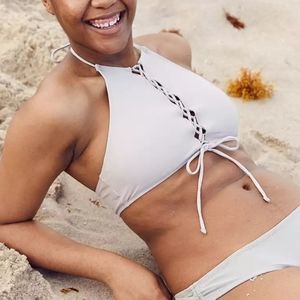 NWT Aerie Light Tan High Neck Lace Up Bikini Top M